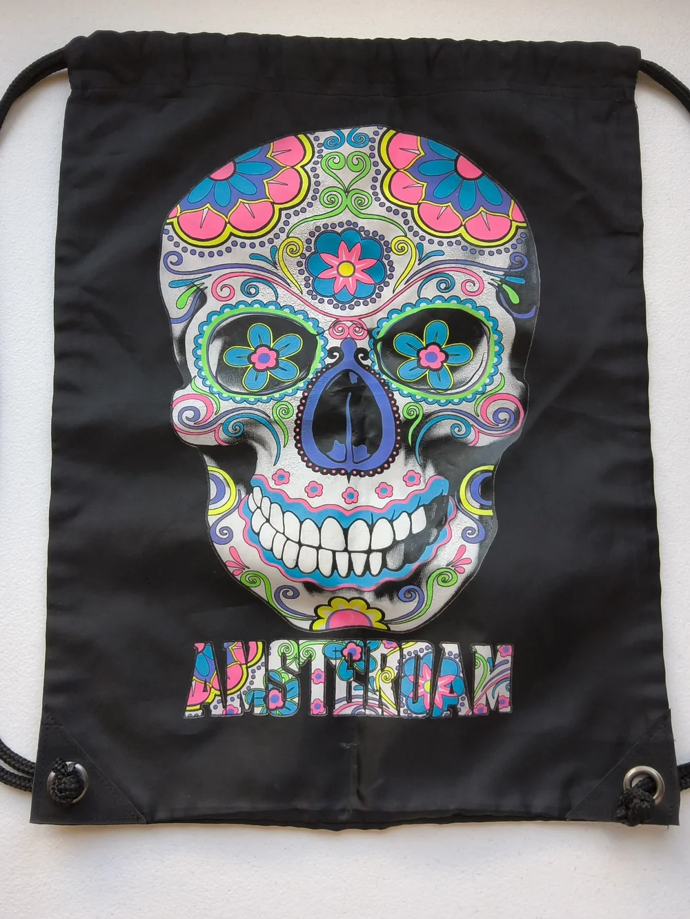 ​BagBase Amsterdam Sugar Skull Black Drawstring Gym Sack Bag Backpack Souvenir